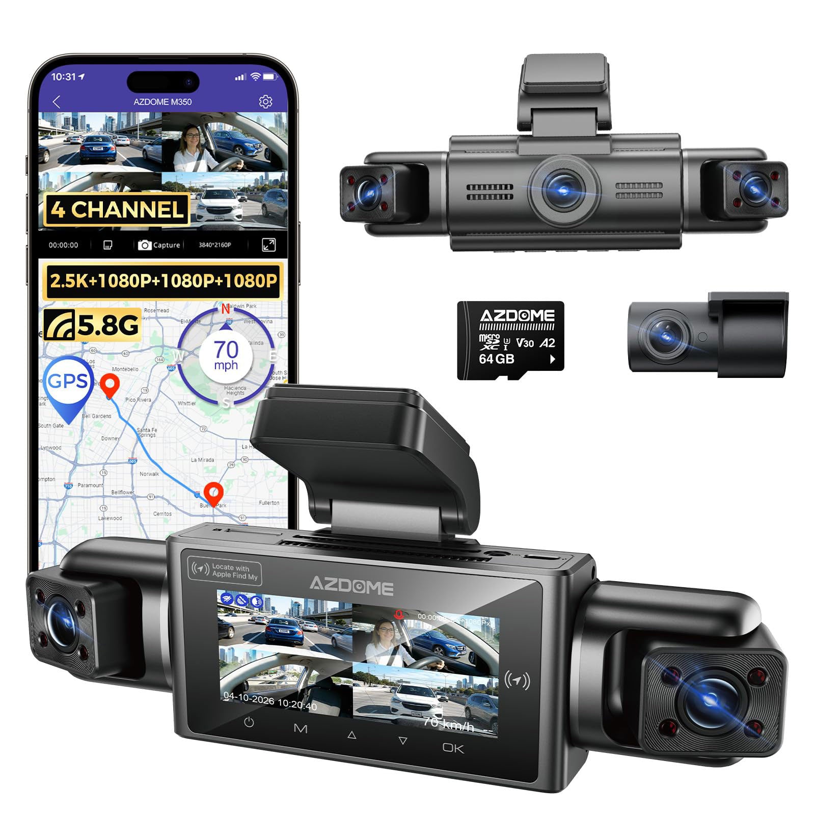 <tc>AZDome M350 4CH 2K Wi-Fi GPS 64 Go dashcam à 360 degrés</tc>