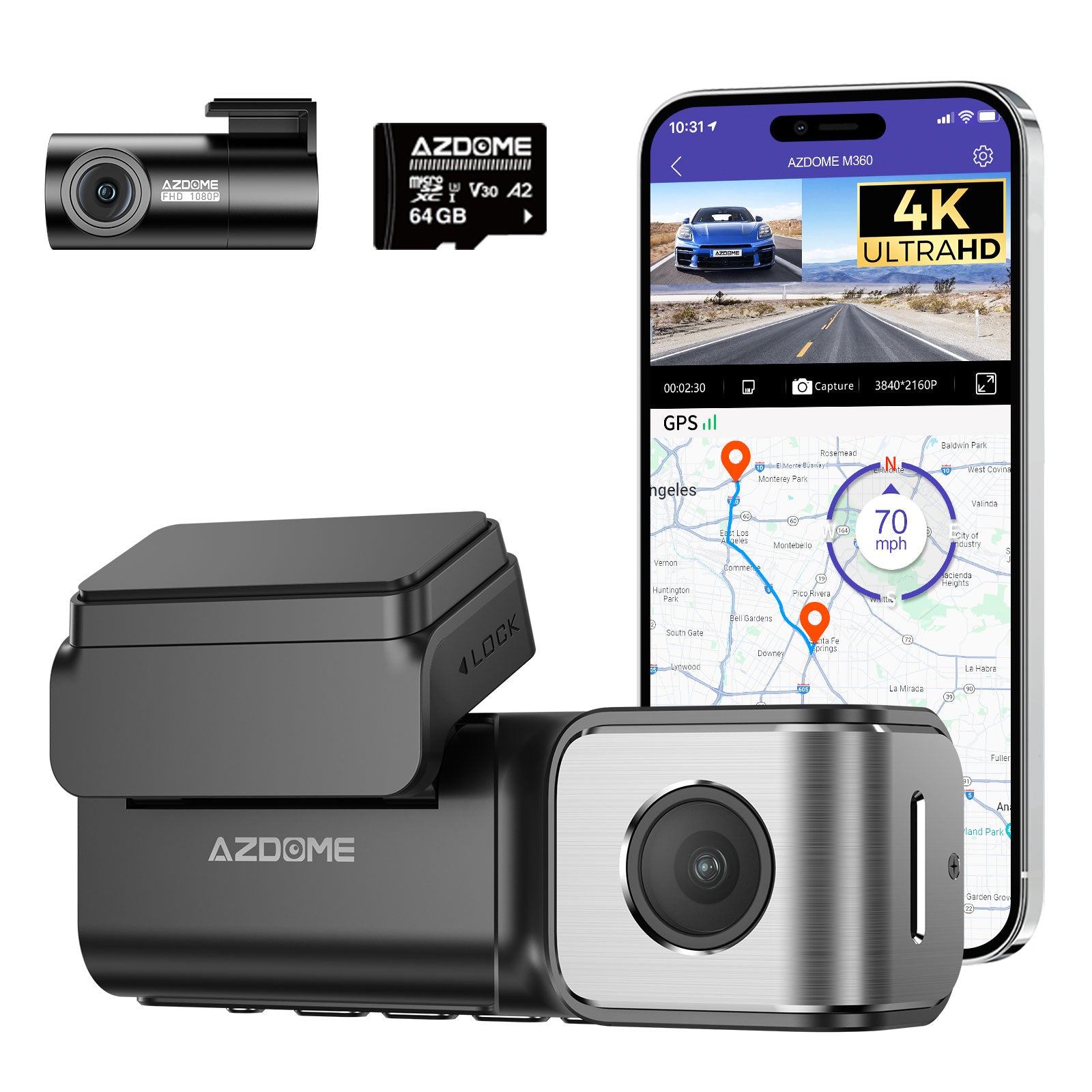 <tc>AZDome M360 2CH 4K Wifi GPS 64 Go dashcam</tc>