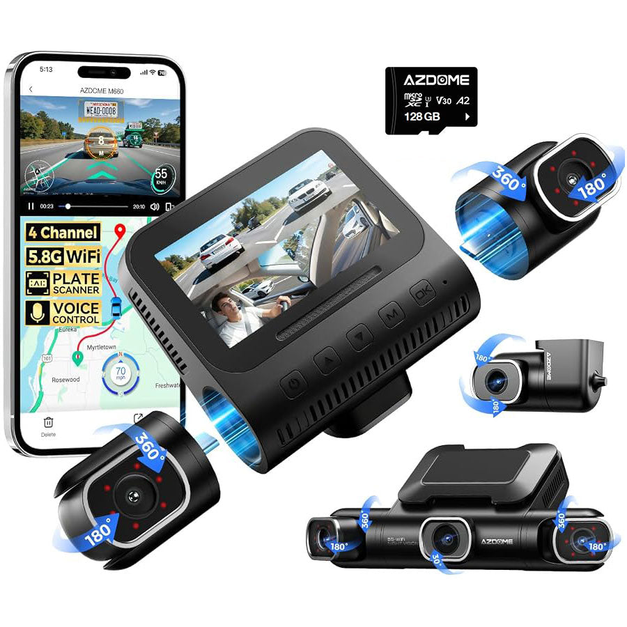 <tc>AZDome M660 Max 4 canaux, 128 Go, 4K, Wi-Fi, GPS, dashcam à 360 degrés</tc>