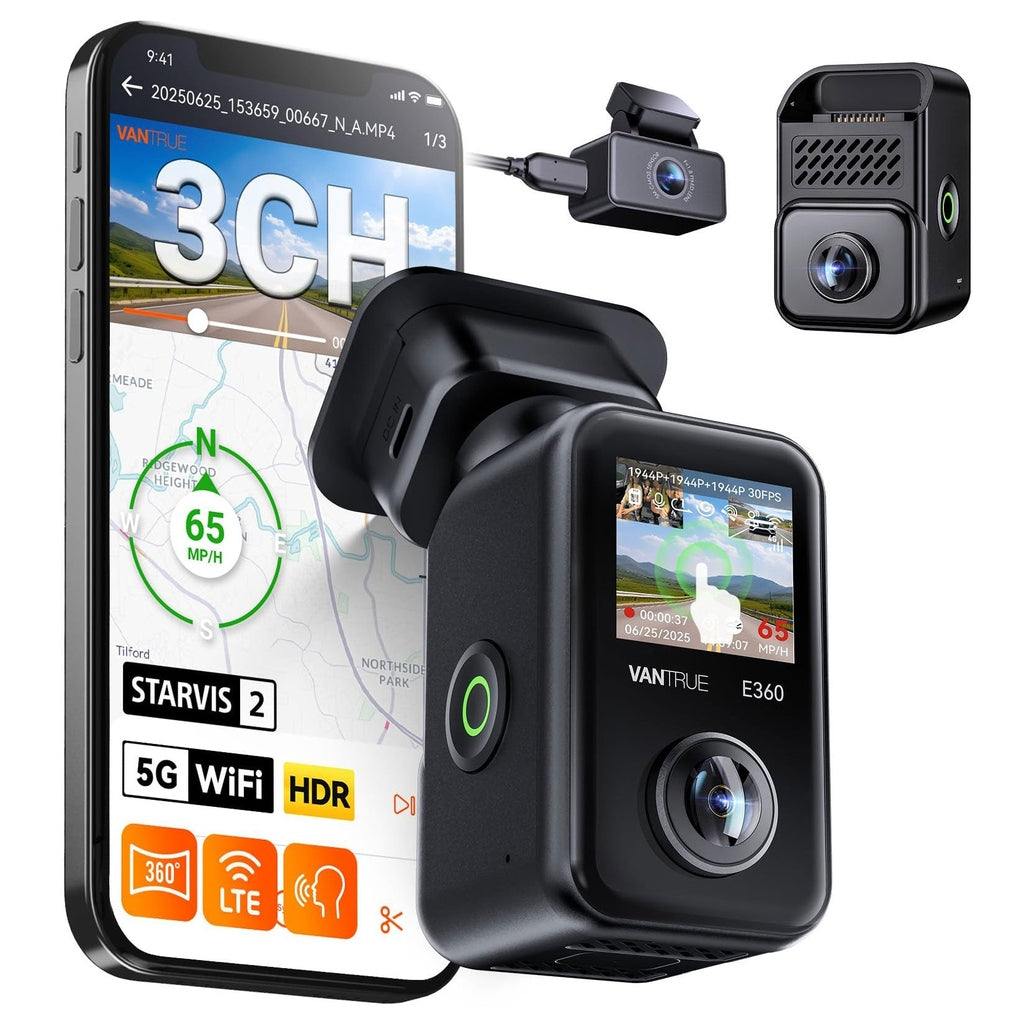 Vantrue E360 Plus Cloud 5K 3CH Wifi GPS dashcam 360 degrés