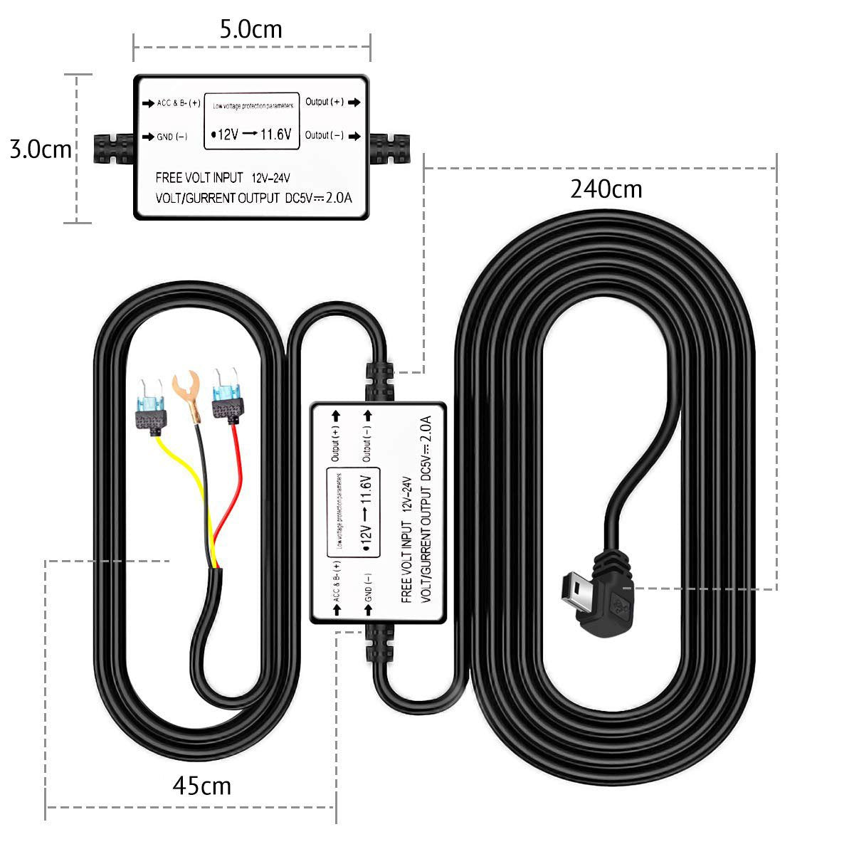 AZDome Kit hardwire Mini USB 3-fils