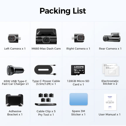 <tc>AZDome M660 Max 4 canaux, 128 Go, 4K, Wi-Fi, GPS, dashcam à 360 degrés</tc>